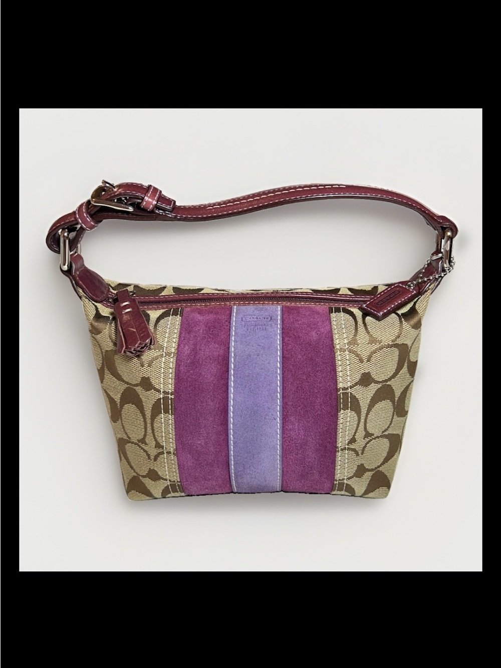 Coach Demi Bag, Signature Stripe, Berry/Lilac Suede,Plum Leather Trim 2004 #7039